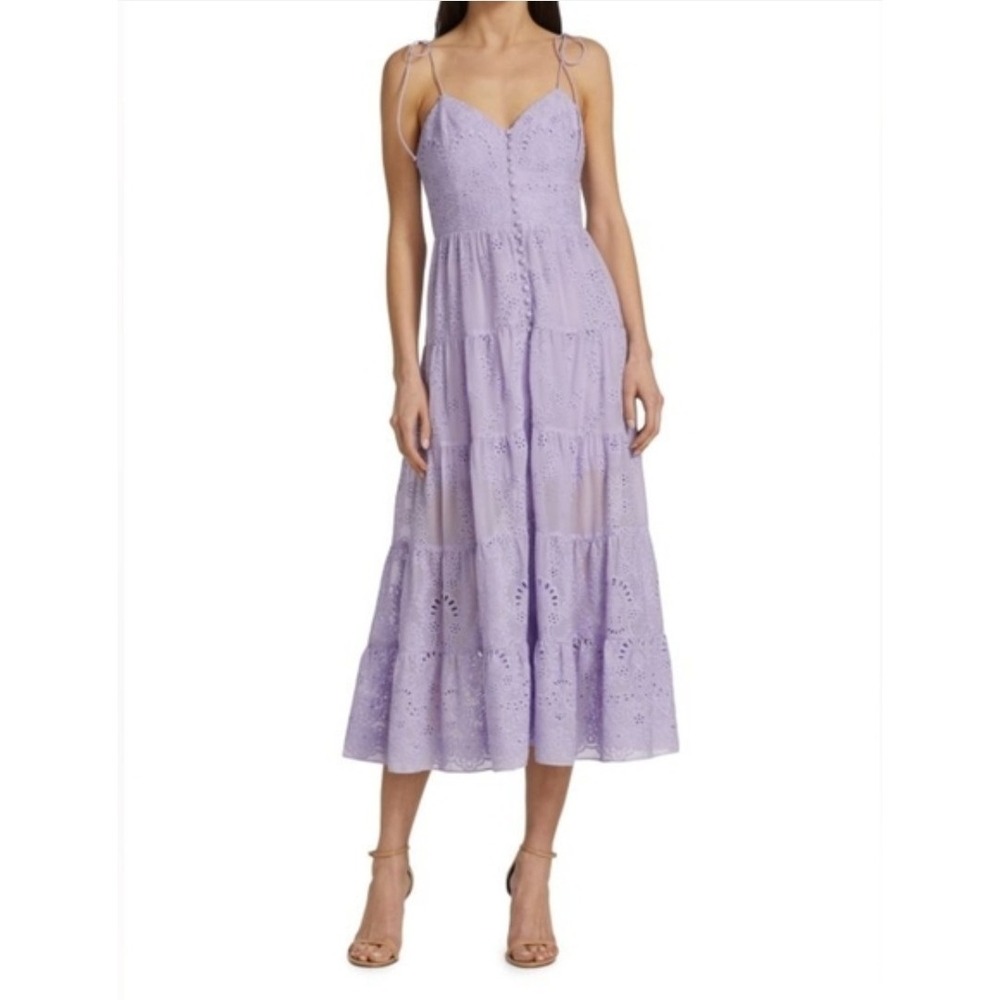 Alice & Olivia Shanti Embroidered Button Front Tiered Midi Dress Lavender Sz 10